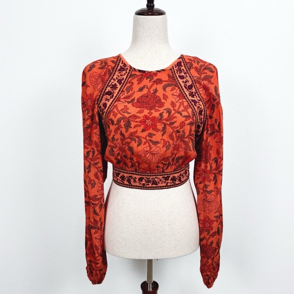 Urban Outfitters Tops - Urban Outfitters Top Womens S Orange Floral Cropped Bell Sleeve Indie Boho Fall